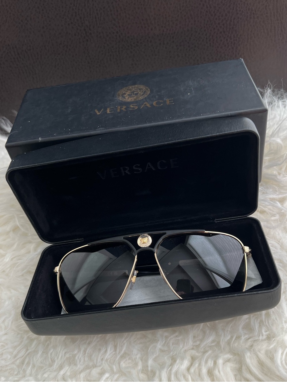 Versace Black and Gold Aviator Sunglasses with Medallion